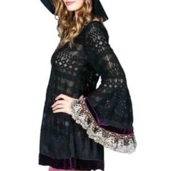 RARE Free People Black Lace Tie Dyed Velvet Sequin Bell Sleeve Tunic Mini Dress - Picture 13 of 16